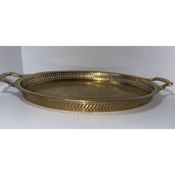 Large‎ Brass Platter 23” Hand Etched. Reticulated Trim W/ Intricate Handles VTG - Picture 4 of 6